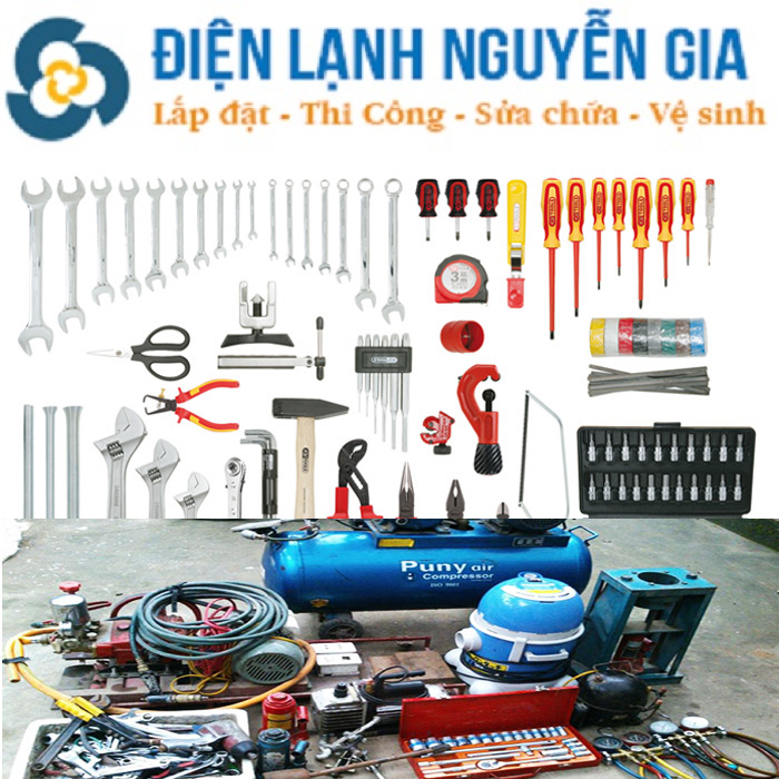 Bộ dụng cụ lắp đặt máy lạnh chuyên dụng của Điện Lạnh Nguyễn Gia đảm bảo tháo lắp máy lạnh chuẩn xác.