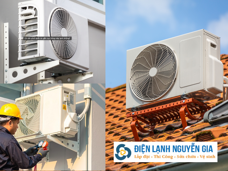 Kỹ sư Nguyễn Gia thực hiện quy trình lắp đặt máy lạnh, cố định dàn nóng ngoài trời chắc chắn.