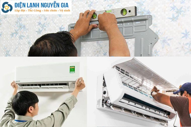 Thợ tháo lắp máy lạnh Nguyễn Gia đang cân chỉnh dàn lạnh bằng thước thủy đảm bảo độ chính xác cao tại nhà khách hàng quận Tân Bình.